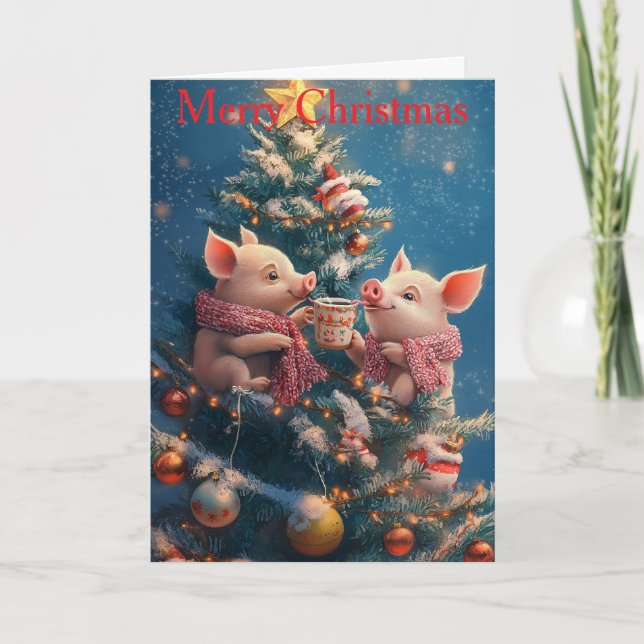 Two Piglets at Christmas Holiday Card (Front)