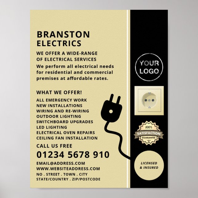 Two Pin Power Socket & Plug, Electrician Advert Poster (Front)