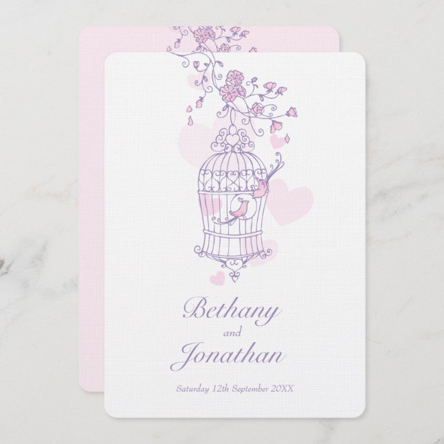 Two pink birds open birdcage hearts wedding invitation (Front/Back)