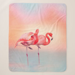 Two Pink flamingos in the water at sunsetflamingo, Sherpa Blanket