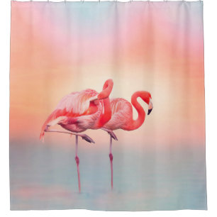 Two Pink flamingos in the water at sunsetflamingo, Shower Curtain