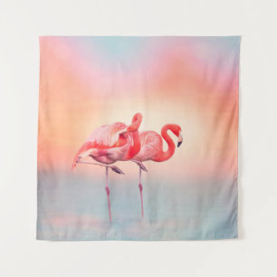 Two Pink flamingos in the water at sunsetflamingo, Tapestry