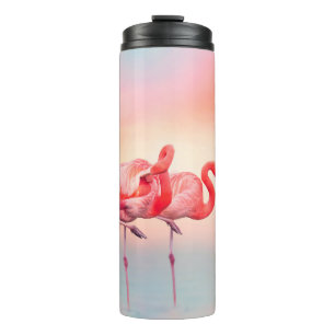 Two Pink flamingos in the water at sunsetflamingo, Thermal Tumbler