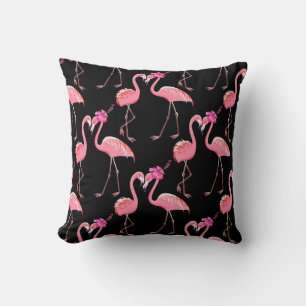 Two pink flamingos on a black background. Seamless Cushion