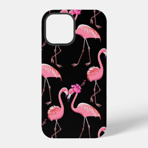 Two pink flamingos on a black background. Seamless iPhone 12 Case