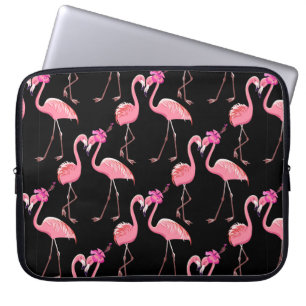Two pink flamingos on a black background. Seamless Laptop Sleeve
