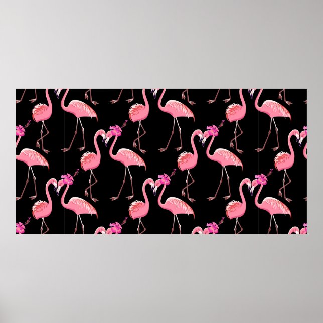Two pink flamingos on a black background. Seamless Poster (Front)