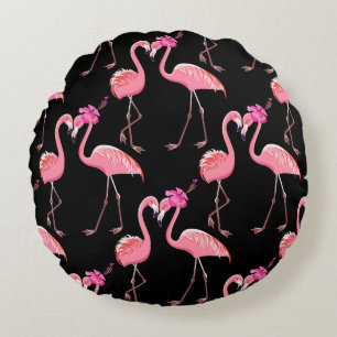Two pink flamingos on a black background. Seamless Round Cushion