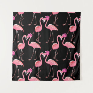 Two pink flamingos on a black background. Seamless Tapestry