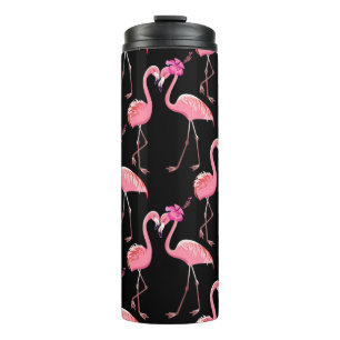 Two pink flamingos on a black background. Seamless Thermal Tumbler