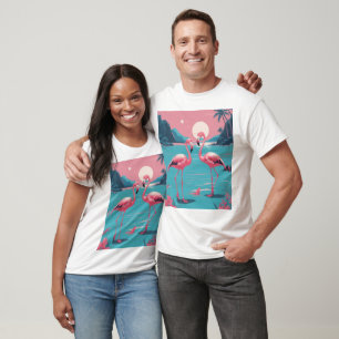 Two Pink Flamingos On The Blue Beach Pink Sunset T-Shirt