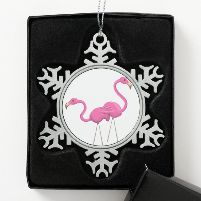 Two Pink Flamingos standing together Snowflake Pewter Christmas Ornament (Box)