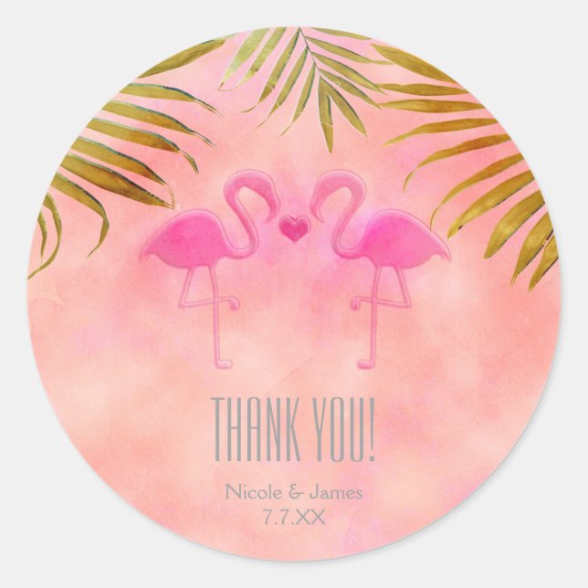 Two Pink Flamingos Watercolor Wedding Stickers (Front)