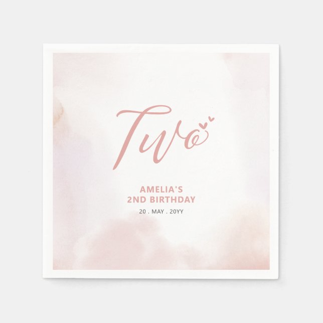 Two | Pink Heart & Watercolor Girl 2nd Birthday Napkin (Front)