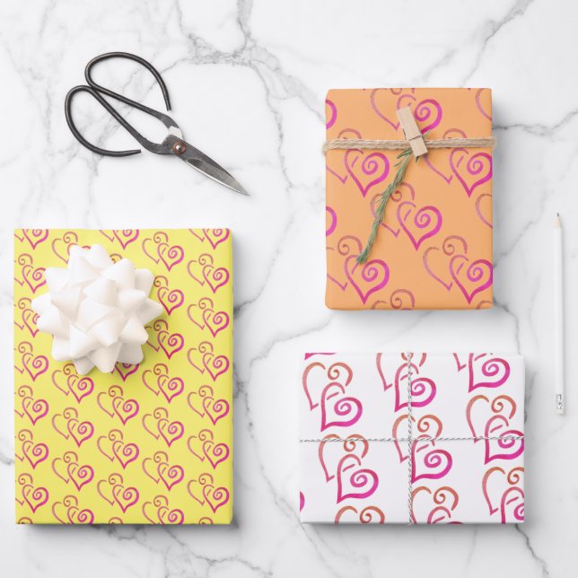Two Pink Orange Linked Hearts Pattern Wrapping Paper Sheet (Front)
