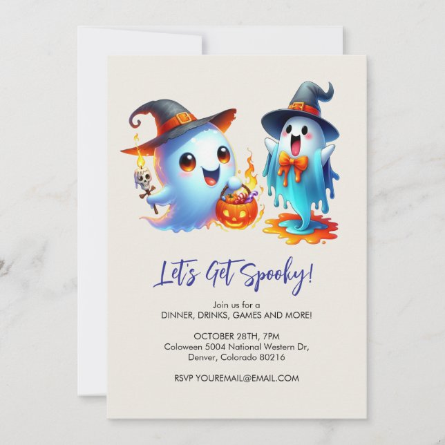 two playful ghosts dressed in witch hat, Halloween Invitation (Front)
