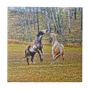 Two Playful Pinto Paint Horses Equine Art Design Ceramic Tile