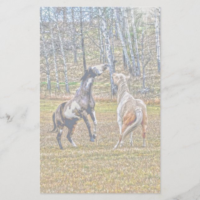 Two Playful Pinto Paint Horses Equine Art Design Stationery (Front)