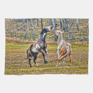 Two Playful Pinto Paint Horses Equine Art Design Tea Towel