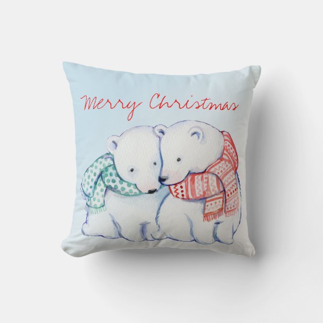 Two Polar Bears Merry Christmas Pillow (Front)