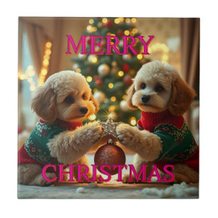 TWO POODLES CELEBRATING CHRISTMAS CERAMIC TILE
