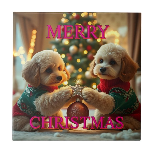 TWO POODLES CELEBRATING CHRISTMAS CERAMIC TILE (Front)