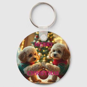 TWO POODLES CELEBRATING CHRISTMAS KEY RING