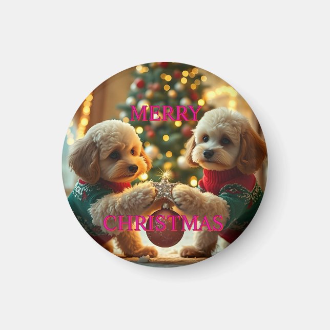 TWO POODLES CELEBRATING CHRISTMAS MAGNET (Front)