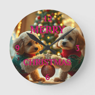 TWO POODLES CELEBRATING CHRISTMAS ROUND CLOCK