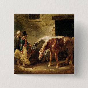 Two Post Horses at the Door of a Stable 15 Cm Square Badge