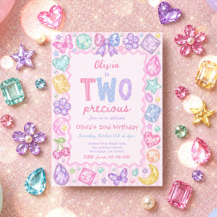Two Precious Whimsical Gem Jewel 2nd Birthday Invitation