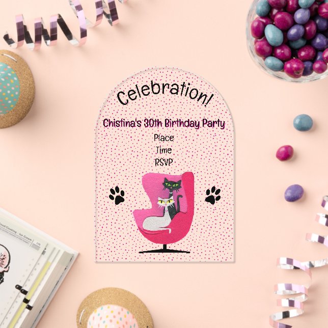 Two Pretty Mid Century Cats Pink Chair Do Birthday Acrylic Invitations (Insitu (Celebration))
