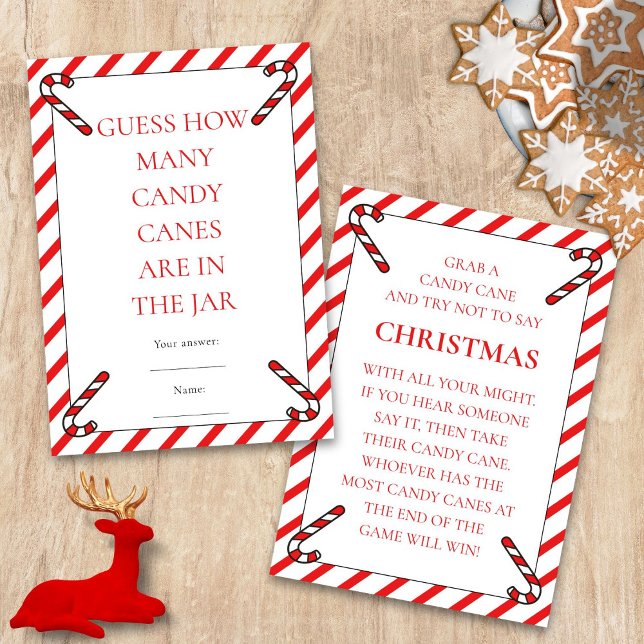 Two Printable Candy Cane Theme Christmas Game Card (Front and back view)