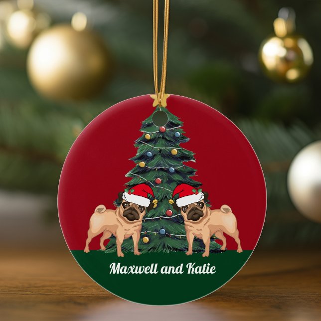 Two Pug Christmas Dogs in Santa Hat Cute Custom Ceramic Ornament (Creator Uploaded)