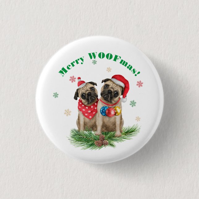Two Pug Dogs in Santa Hats - Merry WOOFmas! 3 Cm Round Badge (Front)