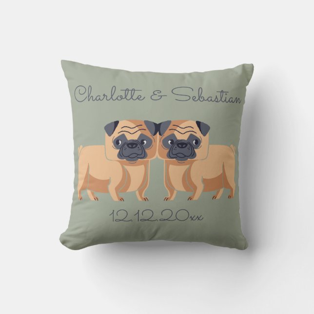 Two Pug Dogs Personalised Wedding Cushion (Front)
