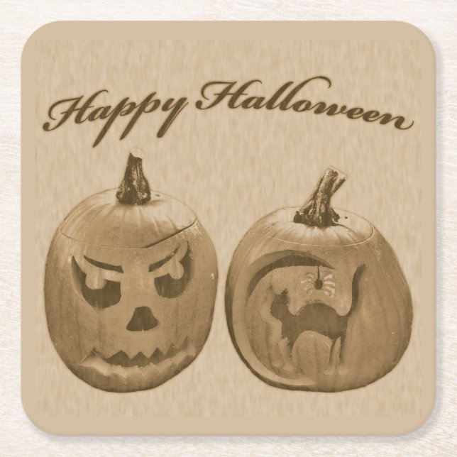 Two Pumpkins Happy Halloween Square Paper Coaster (Front)