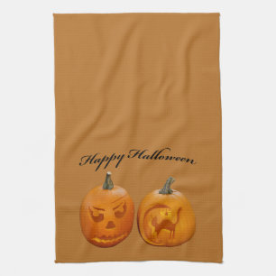 Two Pumpkins Happy Halloween Tea Towel