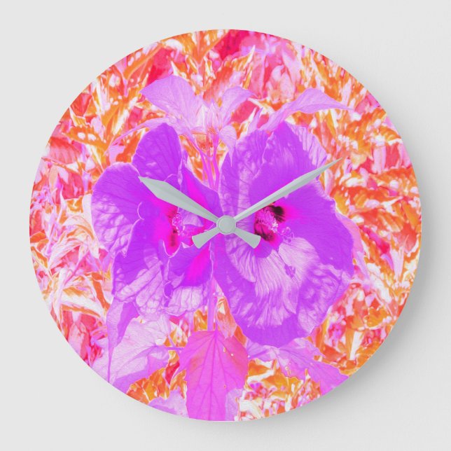 Two Purple and Hot Pink Plum Crazy Hibiscus Large Clock (Front)