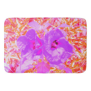 Two Purple and Hot Pink Plum Crazy Hibiscus on Red Bath Mat