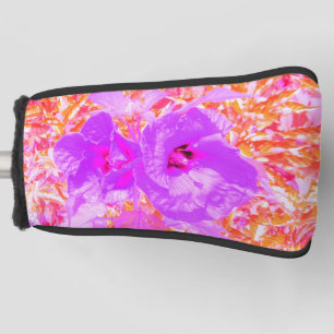 Two Purple and Hot Pink Plum Crazy Hibiscus on Red Golf Head Cover