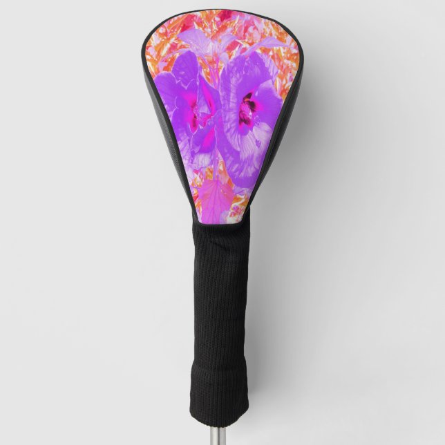 Two Purple and Hot Pink Plum Crazy Hibiscus on Red Golf Head Cover (Front)