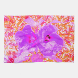 Two Purple and Hot Pink Plum Crazy Hibiscus on Red Tea Towel