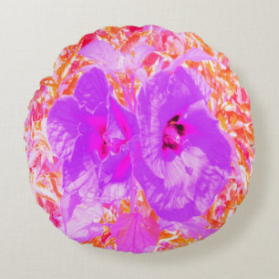 Two Purple and Hot Pink Plum Crazy Hibiscus Round Cushion