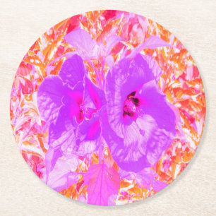 Two Purple and Hot Pink Plum Crazy Hibiscus Round Paper Coaster