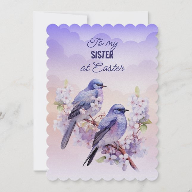 Two Purple Birds Spring Flowers Sister Easter Holiday Card (Front)