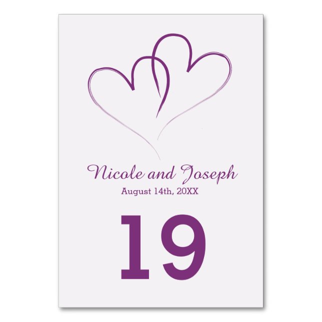 Two Purple Hearts intertwined Table Number (Front)