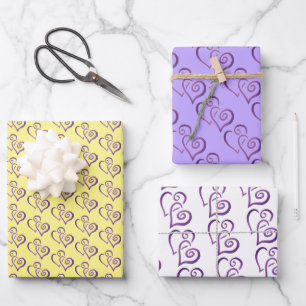 Two Purple Linked Hearts Pattern Wrapping Paper Sheet
