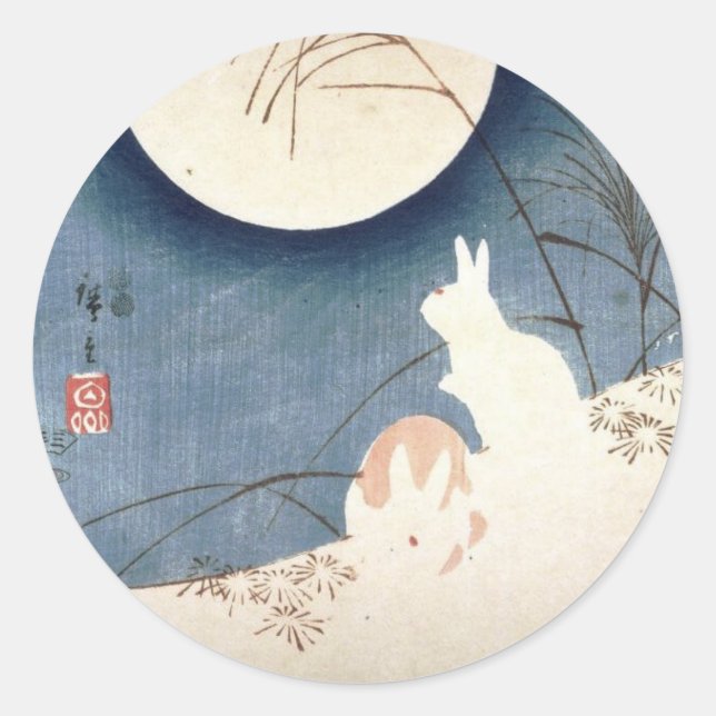 TWO RABBITS & A MOON JAPANESE PRINT ROUND Sticker (Front)