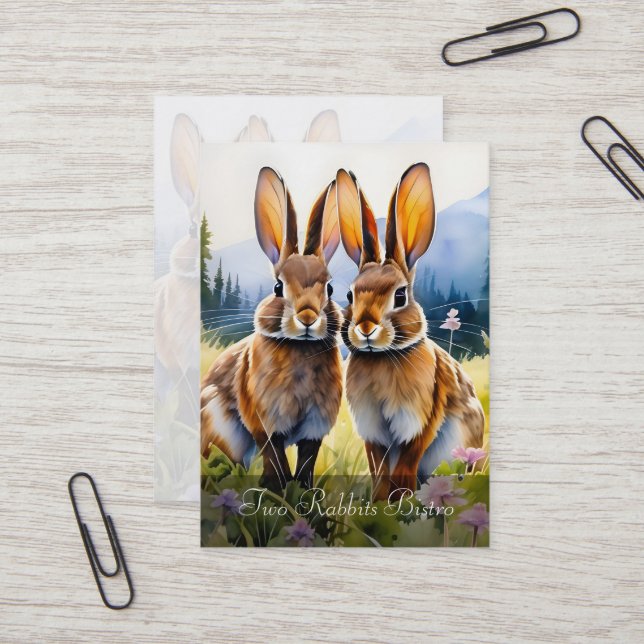 Two Rabbits in a Mountain Meadow Customisable  Business Card (Front/Back In Situ)